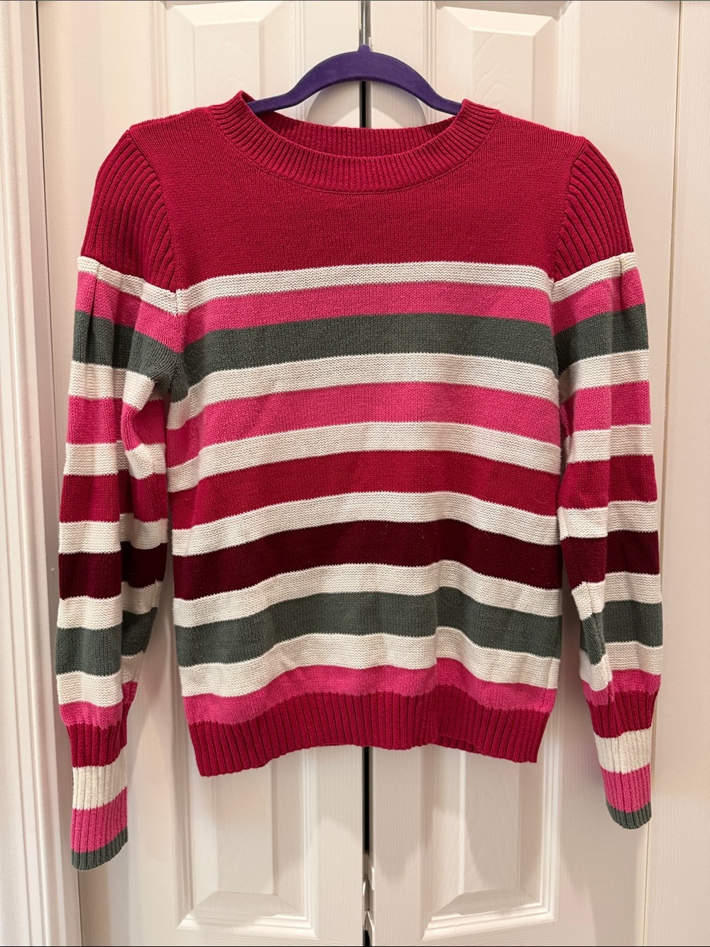 LOFT Striped Crewneck Sweater in Berry, Pink, White & Gray